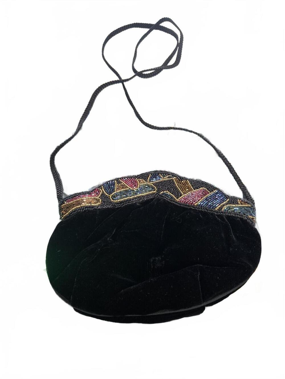 Black Velvet Beaded Crossbody Bag with Embellished Top